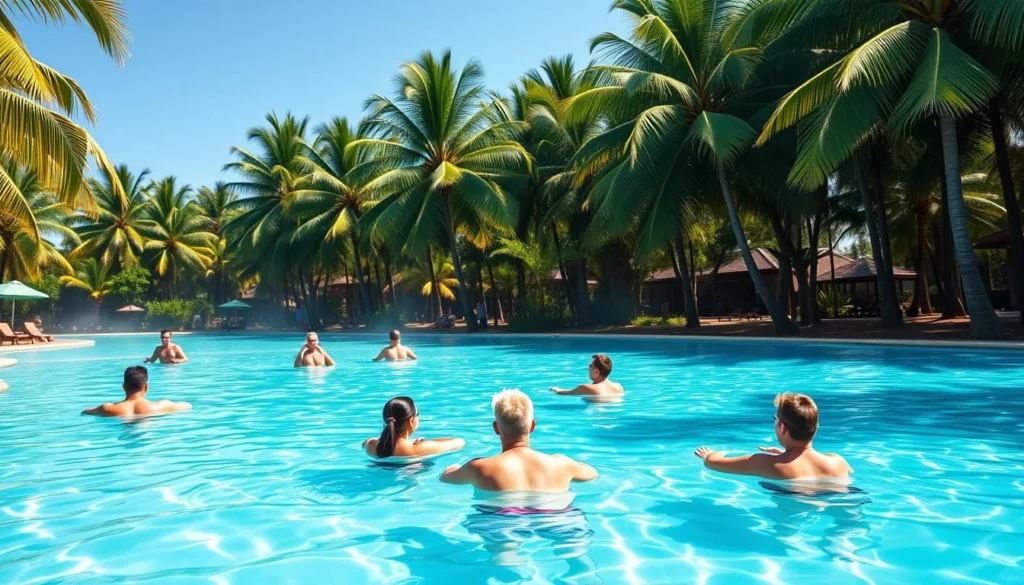 People relaxing in the crystal clear waters of Mataranka Thermal Pool surrounded by palm forest