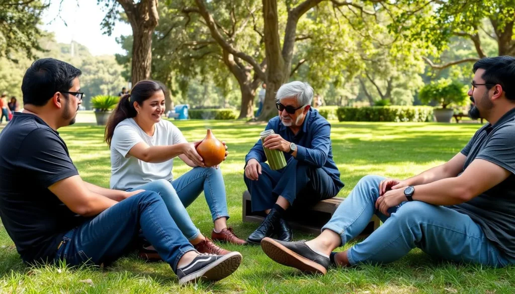 People sharing mate tea in a Rosario park People sharing mate tea in a Rosario park