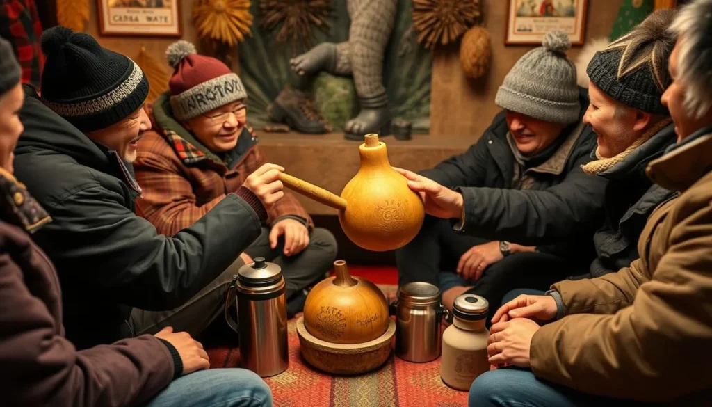 People sharing traditional mate tea in Puerto Natales, Chile