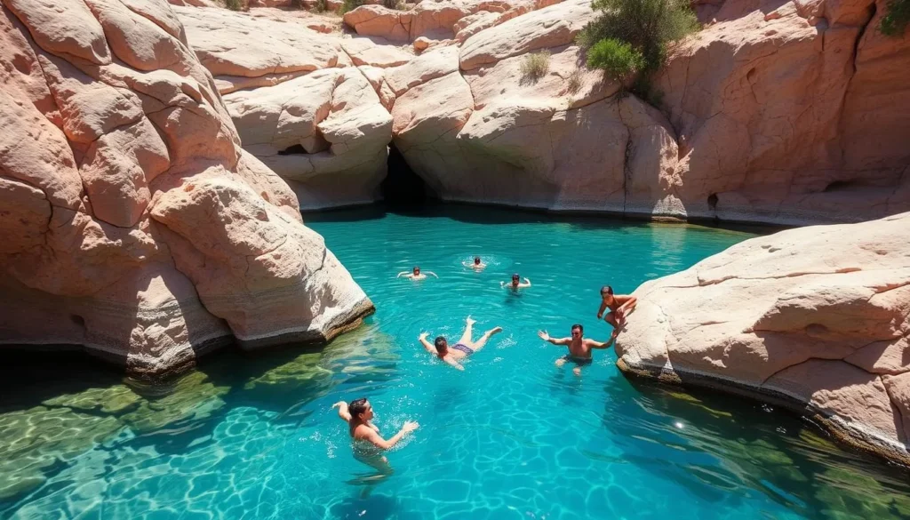 People swimming and cliff jumping at Devil's Waterhole in Inks Lake State Park, Texas
