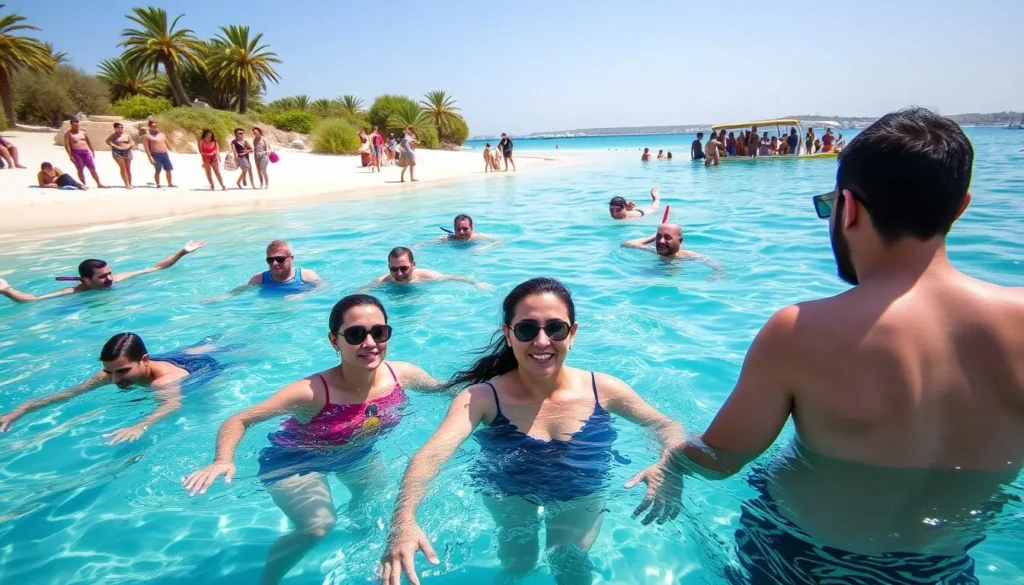 People swimming and enjoying water activities at Palm Islands Nature Reserve near Tripoli
