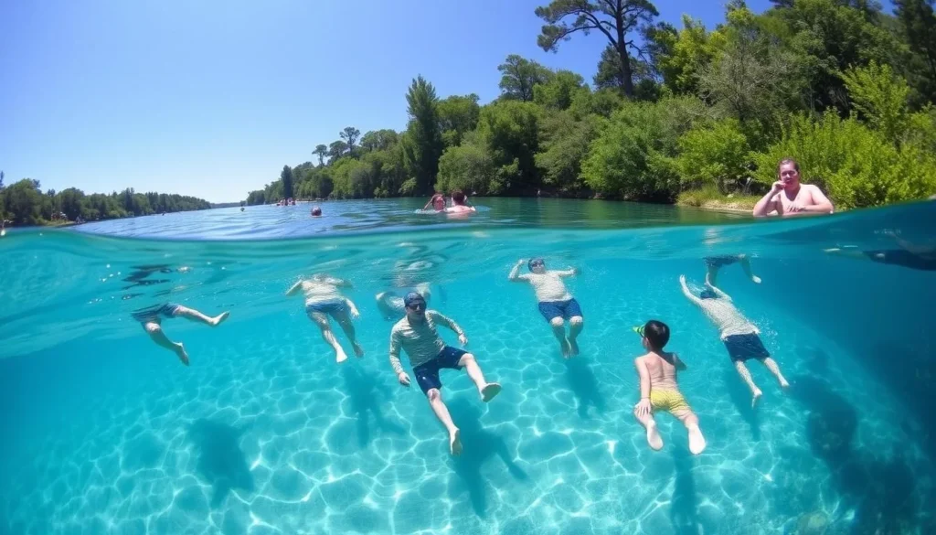 People swimming and snorkeling in the crystal clear blue waters of the spring run