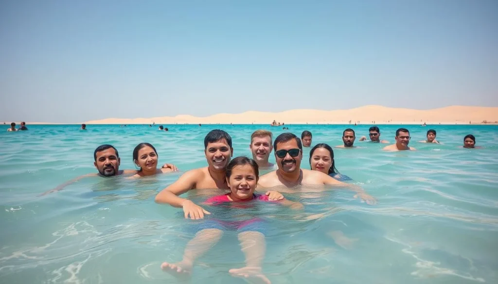 People swimming in the calm turquoise waters of Khor Al Udaid inland sea, Qatar