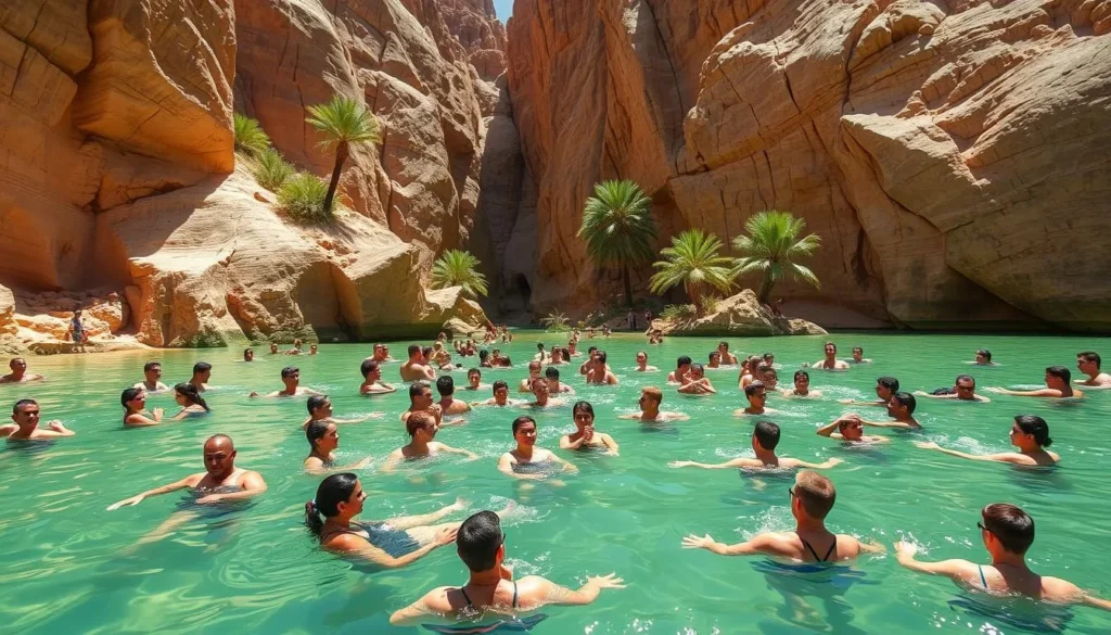 People swimming in the emerald pools of Wadi Bani Khalid surrounded by rocky cliffs