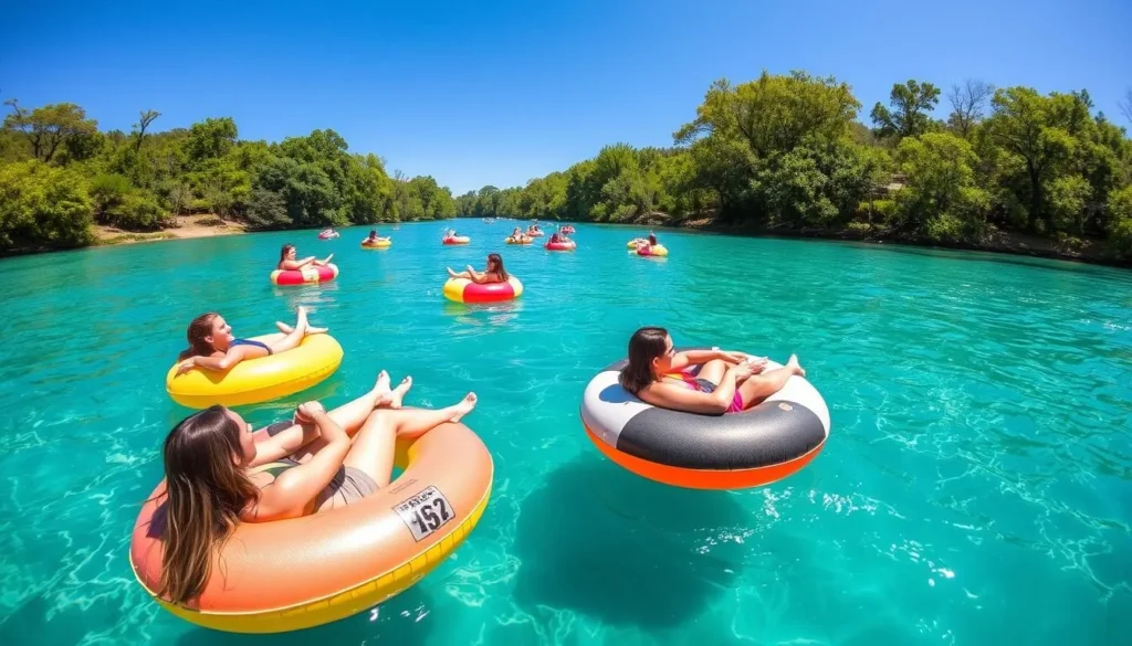 People tubing down the crystal-clear San Marcos River on a sunny day People tubing down the crystal-clear San Marcos River on a sunny day