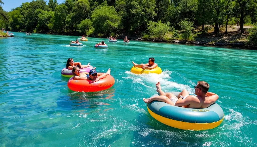 People tubing on the Comal River near Schertz Texas, a popular summer activity and one of the best things to do to beat the heat People tubing on the Comal River near Schertz Texas, a popular summer activity and one of the best things to do to beat the heat