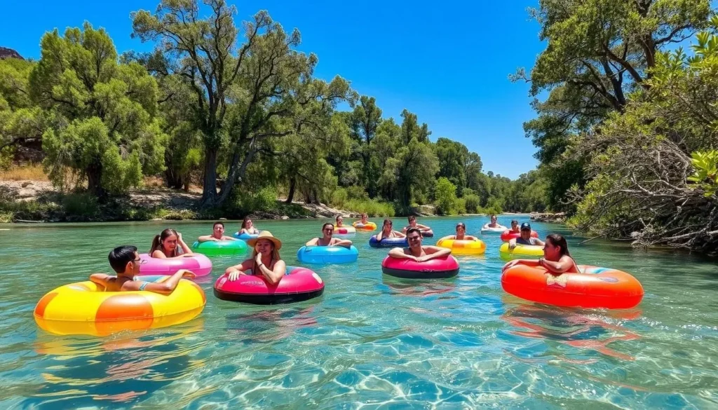 People tubing on the Guadalupe River near Canyon Lake on a sunny summer day