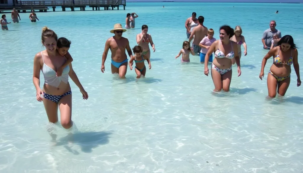 People wading in the shallow waters at Anne's Beach Islamorada Florida on a sunny day