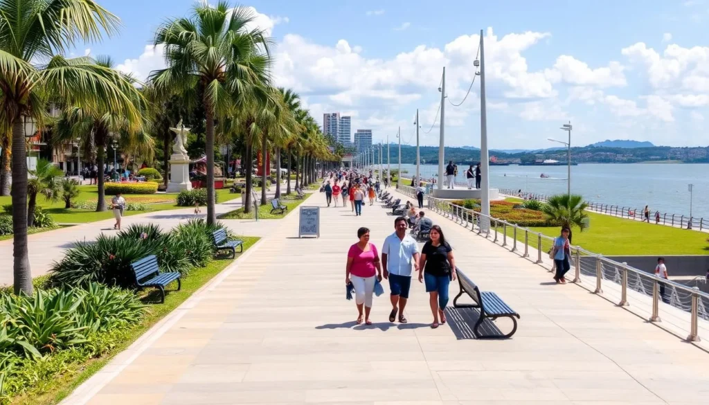 People walking along Malecón 2000 in Guayaquil with gardens, monuments and the Guayas River view