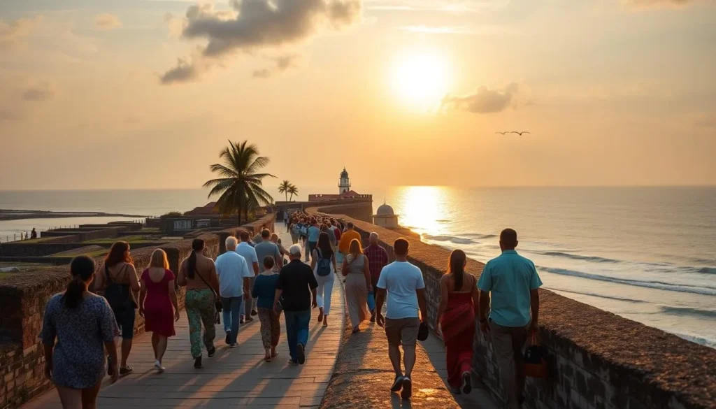 People walking along the historic Galle Fort walls with ocean views