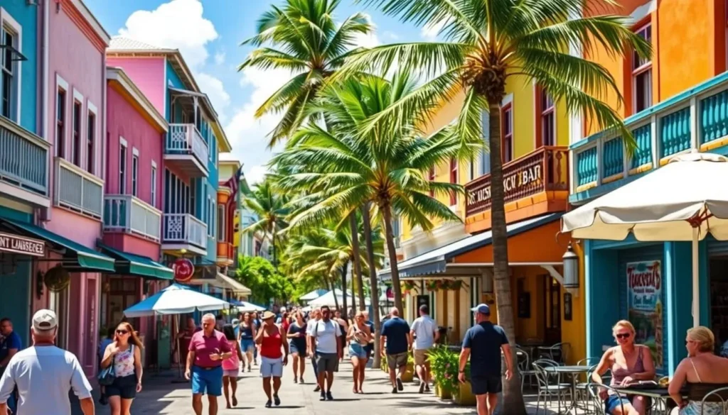 People walking along the main street in Saint Lawrence Gap with shops and restaurants People walking along the main street in Saint Lawrence Gap with shops and restaurants