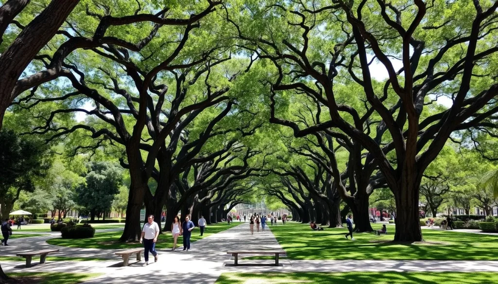 People walking and relaxing under large trees in Jardín del Centenario