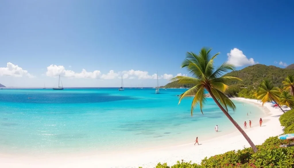 Perfect beach day at White Bay on Jost Van Dyke in the British Virgin Islands during peak season Perfect beach day at White Bay on Jost Van Dyke in the British Virgin Islands during peak season