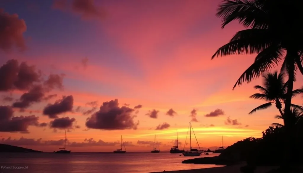 Perfect sunset view from Sandy Ground beach with silhouettes of boats