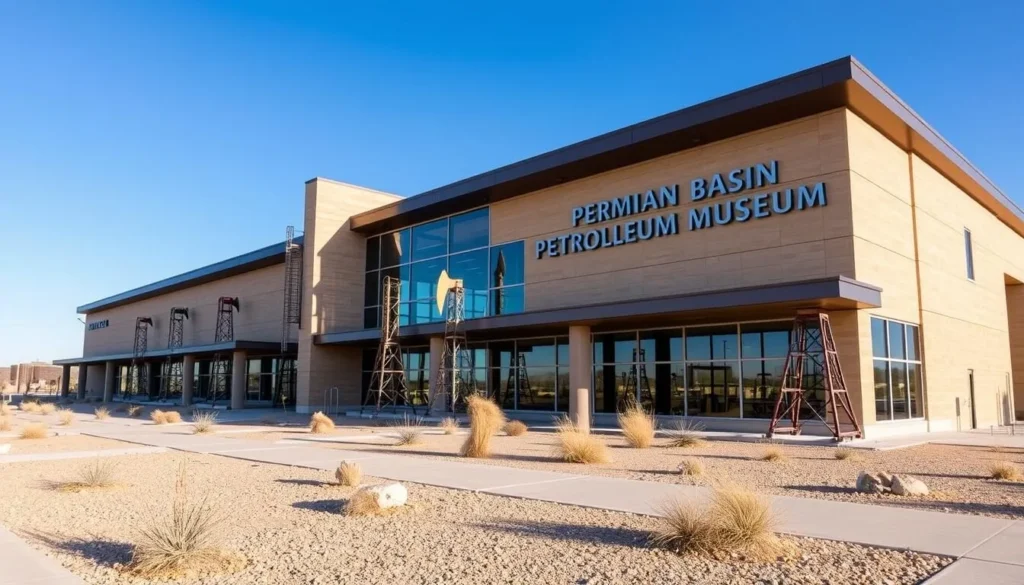 Permian Basin Petroleum Museum exterior with oil derrick display in Midland, Texas Permian Basin Petroleum Museum exterior with oil derrick display in Midland, Texas