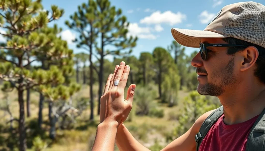 Person applying sunscreen before hiking at Lake Manatee State Park Person applying sunscreen before hiking at Lake Manatee State Park