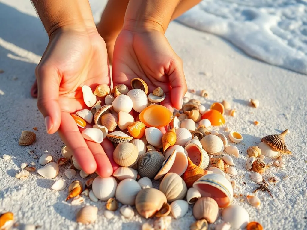 Person collecting seashells on the beach at St. George Island State Park Person collecting seashells on the beach at St. George Island State Park
