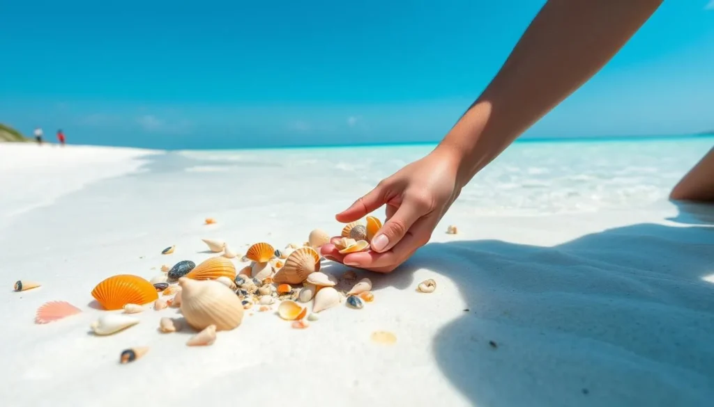 Person collecting seashells on the pristine beach of Don Pedro Island State Park
