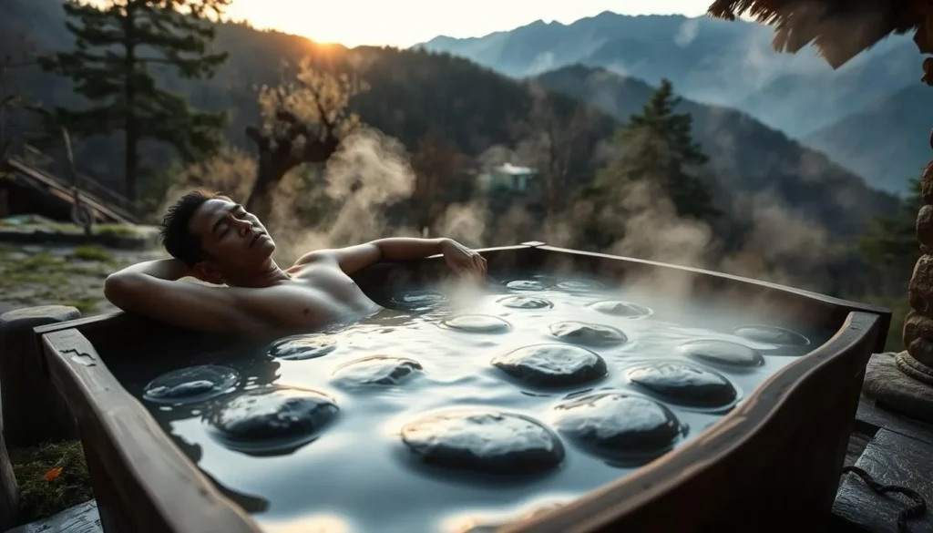 Person enjoying a hot stone bath near Wangchuck Centennial National Park