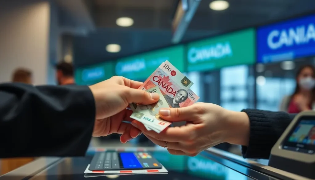 Person exchanging Canadian currency at a currency exchange counter