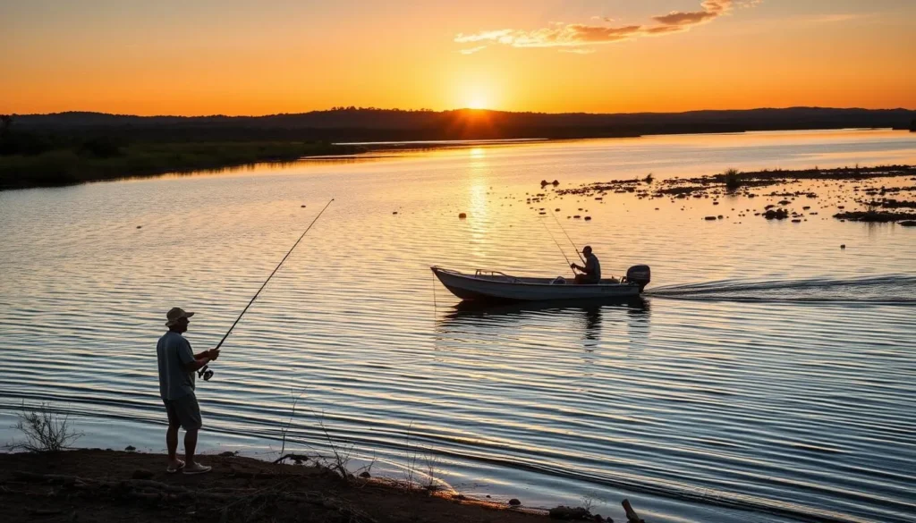 Person fishing at Manton Dam near Batchelor with sunset in background