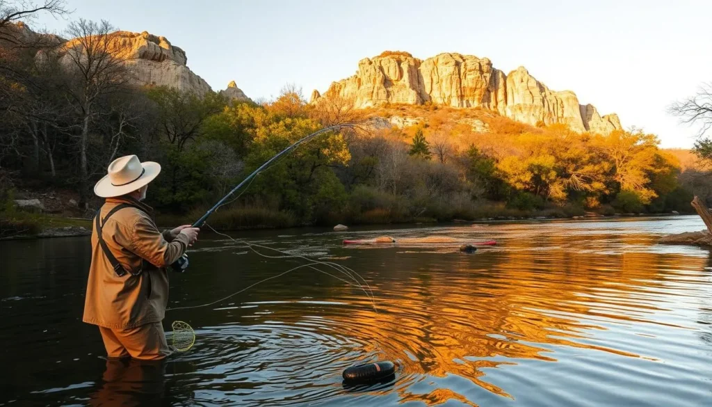 Person fishing at Onion Creek in McKinney Falls State Park with limestone formations in background Person fishing at Onion Creek in McKinney Falls State Park with limestone formations in background
