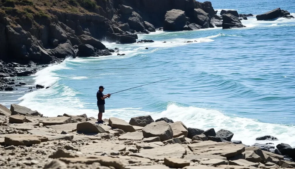 Person fishing from the rocks at Bean Hollow State Beach