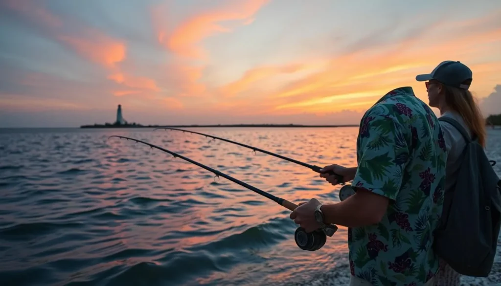 Person fishing from the shore of Anclote Key with rod and reel at sunset Person fishing from the shore of Anclote Key with rod and reel at sunset