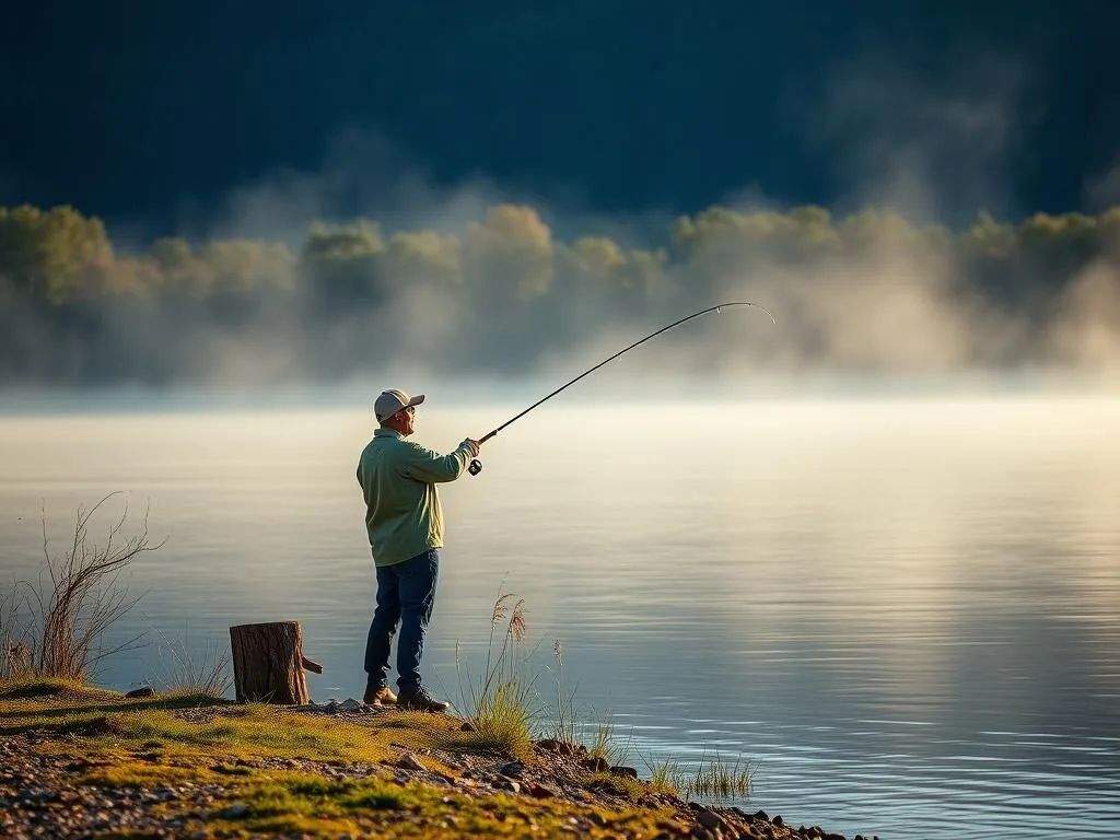 Person fishing from the shore of Cedar Lake at Cleburne State Park