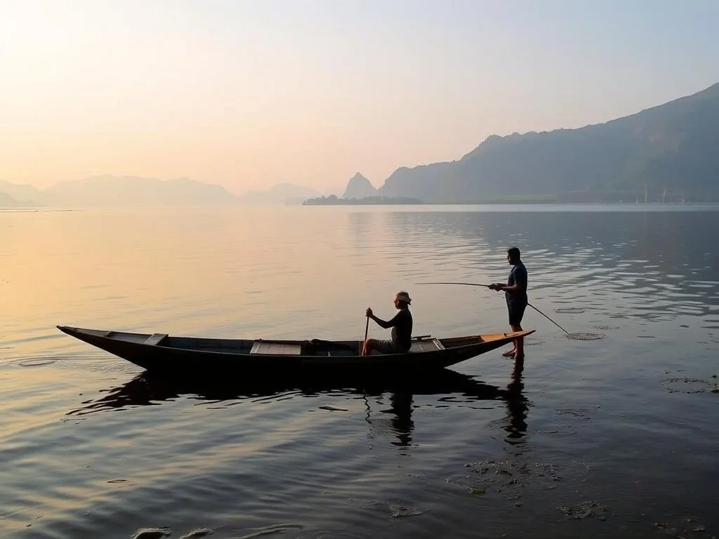 Person fishing on Lake Towuti with traditional equipment Person fishing on Lake Towuti with traditional equipment