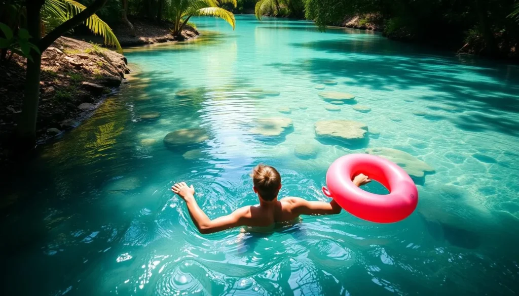 Person floating down the natural stream at Bitter Springs with pool noodle in crystal clear water