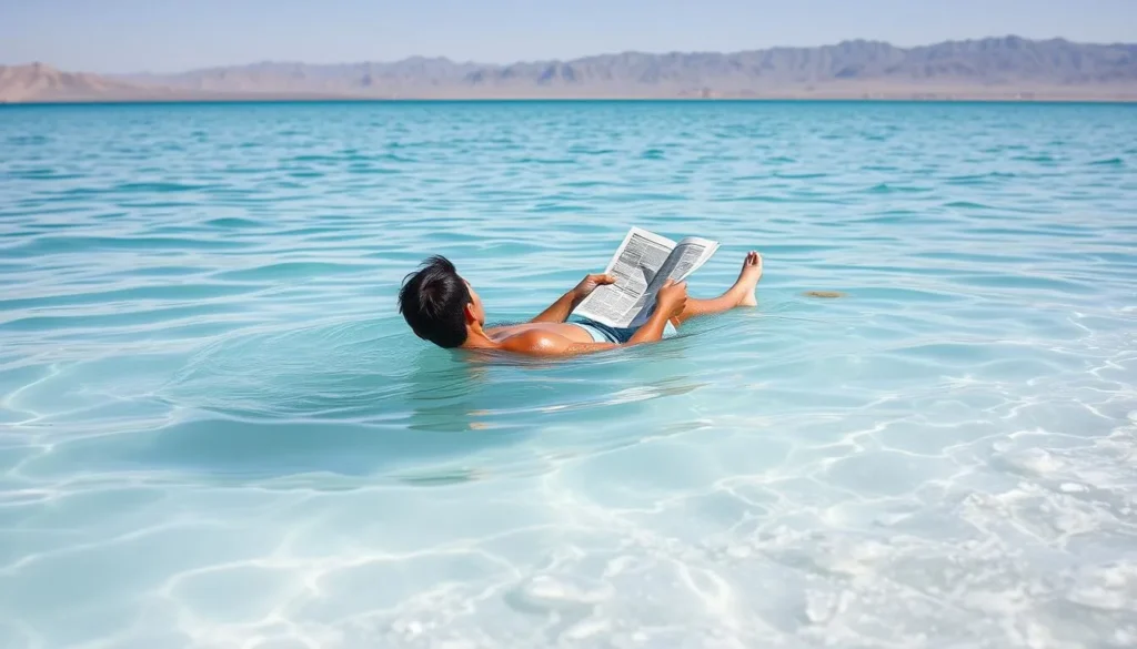 Person floating in the Dead Sea with mountains of Jordan visible in the background Person floating in the Dead Sea with mountains of Jordan visible in the background