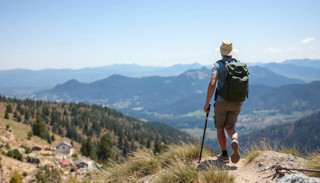 Person hiking on a trail near Ellensburg with mountain views