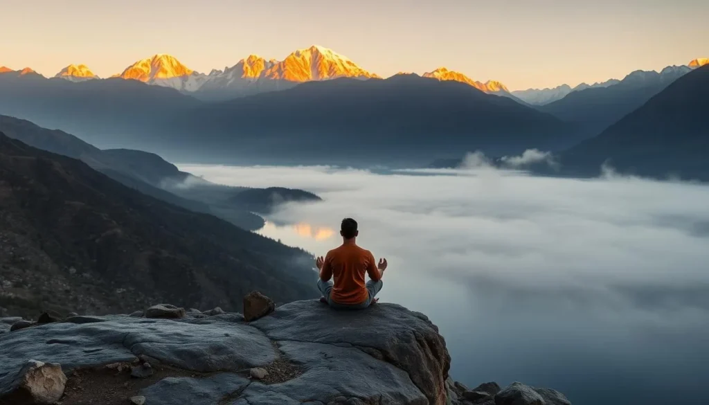 Person meditating on a rock overlooking Raphstreng Tsho at sunrise