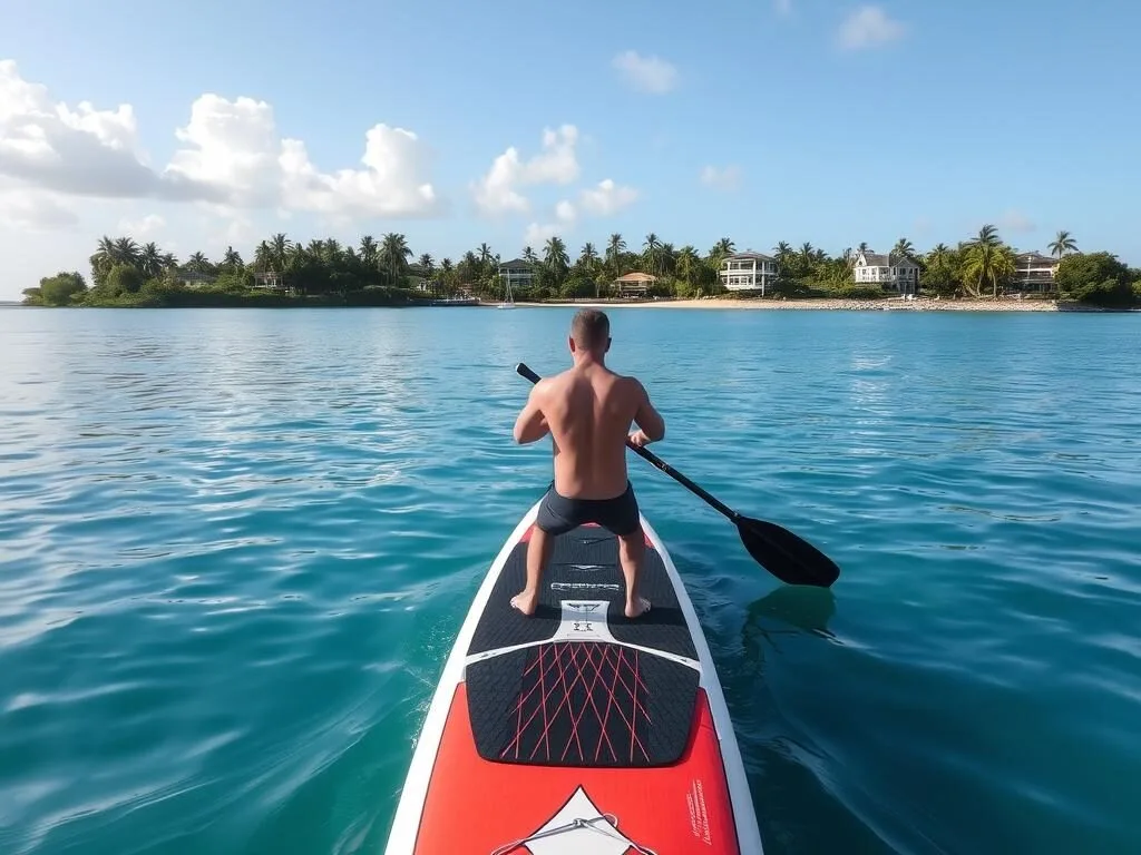 Person paddleboarding in calm waters off Fitts Village Barbados