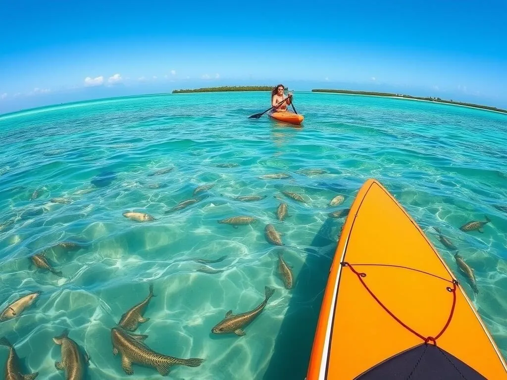 Person paddleboarding in clear waters near Big Coppitt Key, Florida