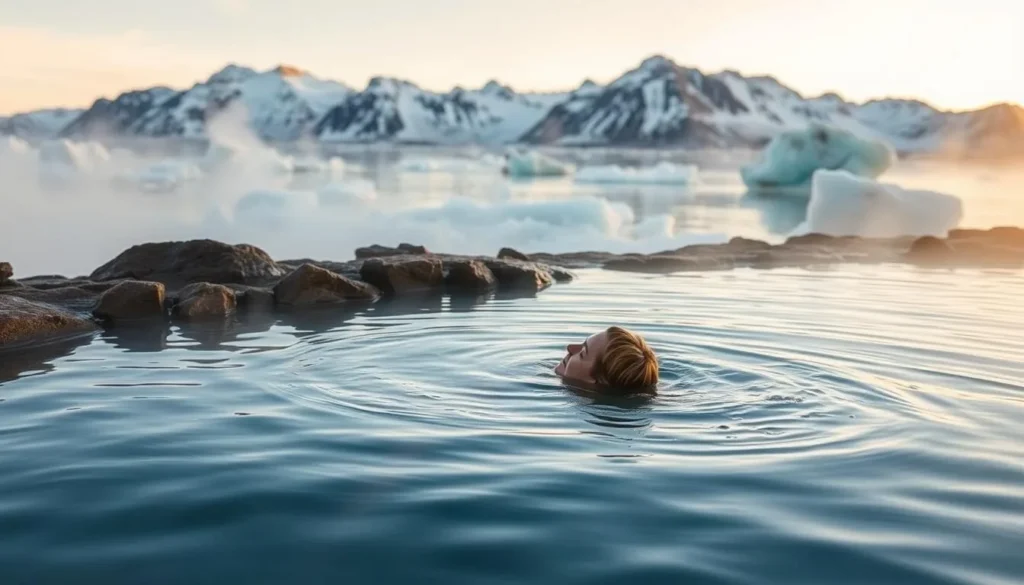 Person relaxing in Uunartoq hot springs with snow-capped mountains and icebergs in the background