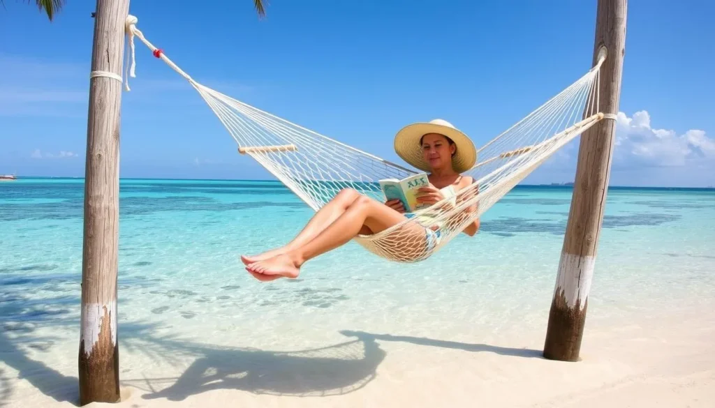 Person relaxing in a hammock over water at Secret Beach, Belize