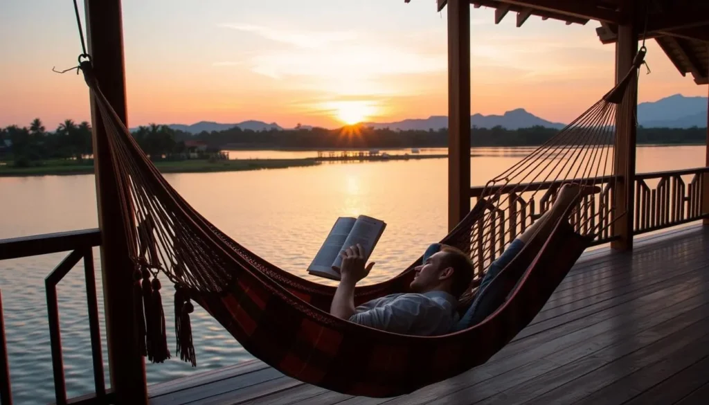 Person relaxing in a hammock with a view of the Mekong River at sunset in Si Phan Don, Laos