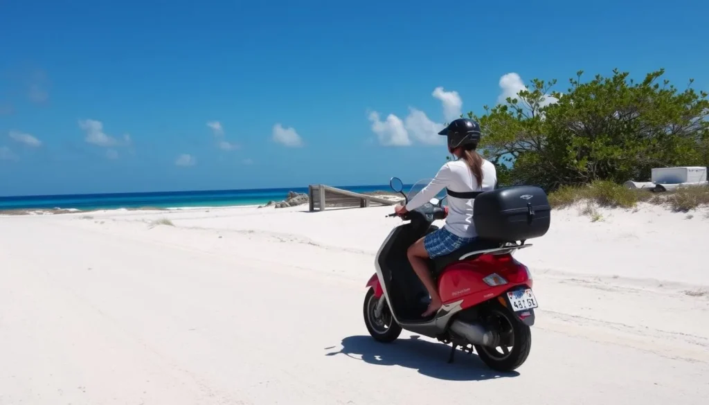 Person riding a scooter on Anegada's sandy roads with beautiful coastal scenery