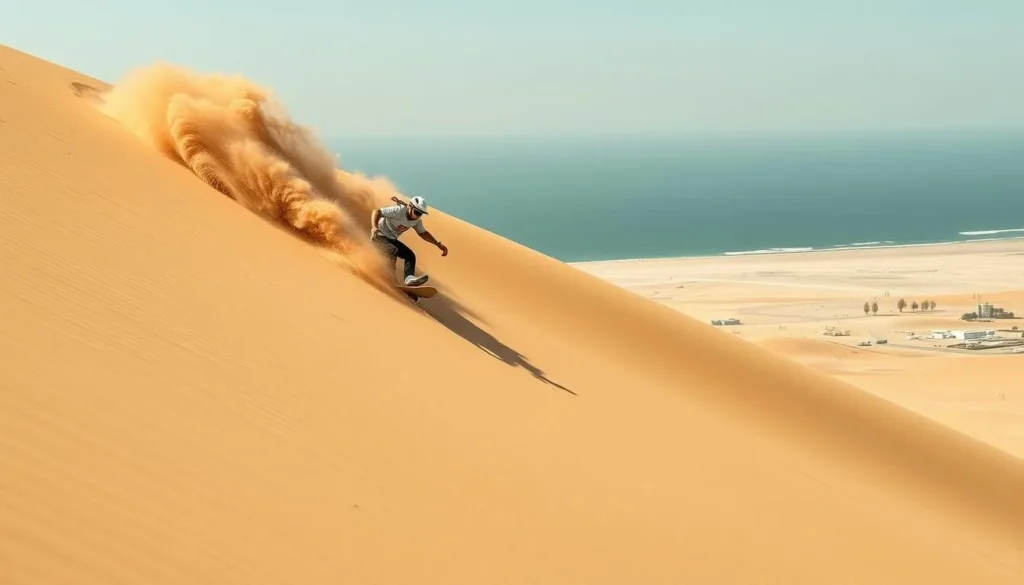 Person sandboarding down a steep dune at Khor Al Udaid, Qatar