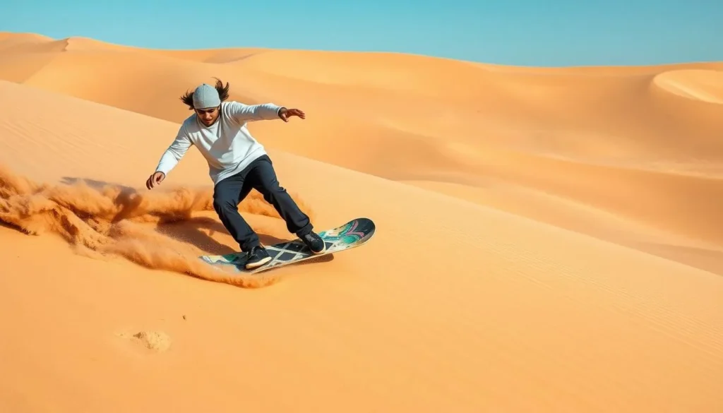 Person sandboarding down a steep sand dune in Mesaieed