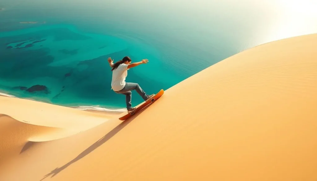 Person sandboarding down a tall dune at Khawr al Udayd