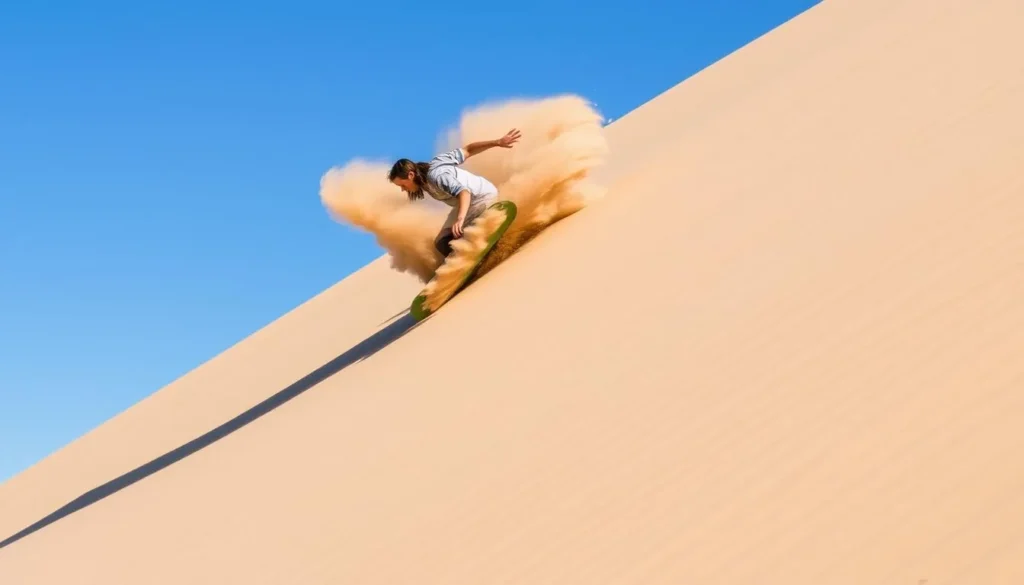 Person sandboarding down a tall dune at Monahans Sandhills State Park Person sandboarding down a tall dune at Monahans Sandhills State Park