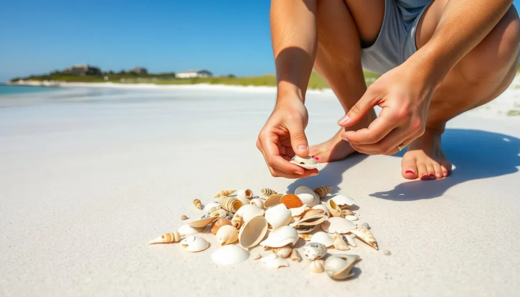 Person shelling on San Jose Island beach with a collection of colorful seashells including lightning whelks and sand dollars