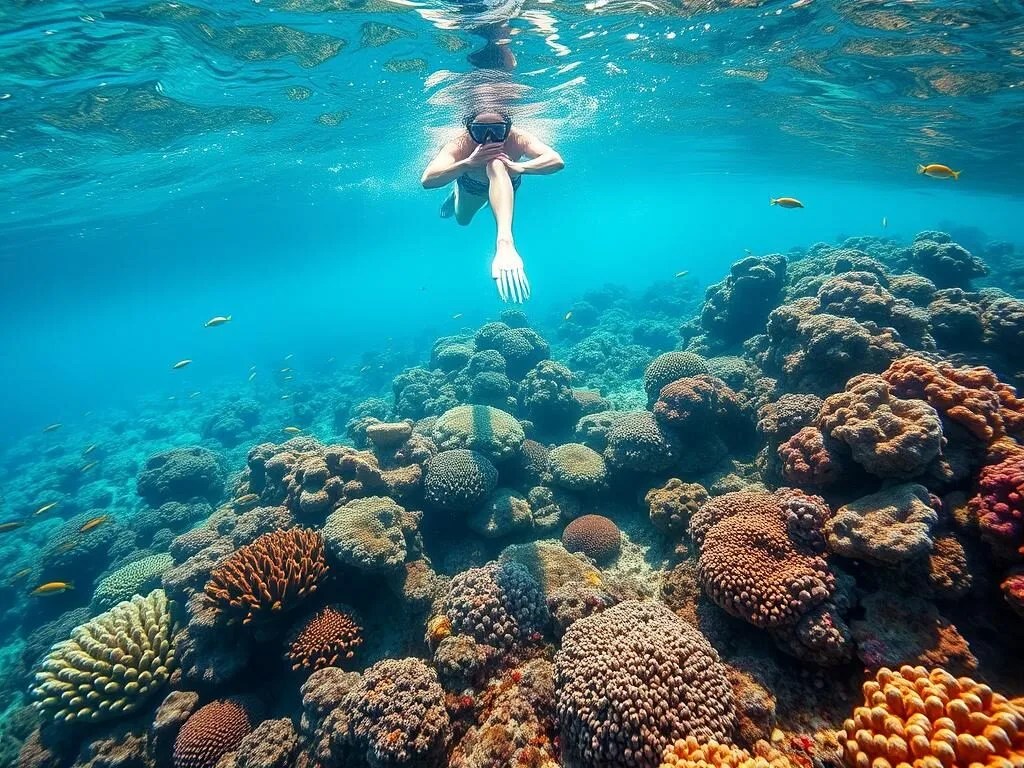 Person snorkeling above vibrant coral reef in clear waters of Taka Bonerate