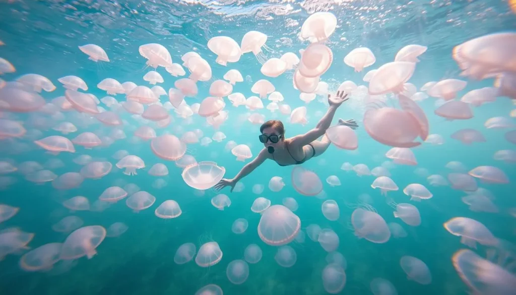 Person snorkeling among stingless jellyfish in Mariona Lake, Togean Islands Person snorkeling among stingless jellyfish in Mariona Lake, Togean Islands