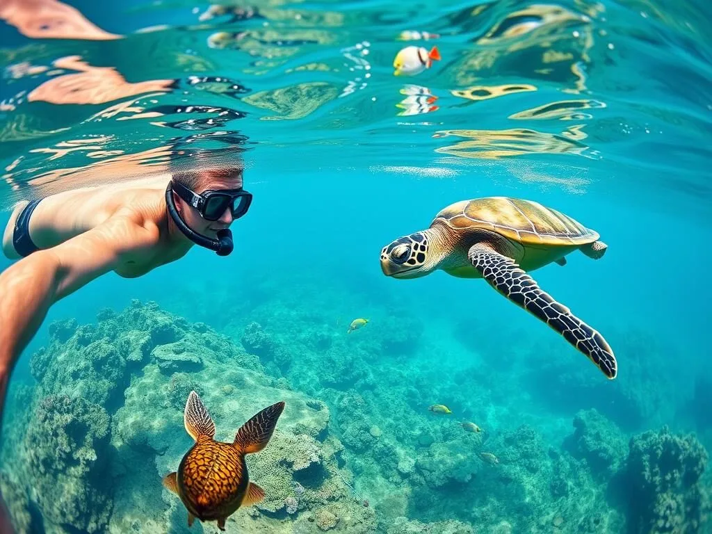 Person snorkeling with sea turtles in the clear waters off Fitts Village Barbados