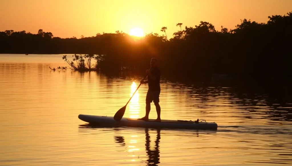 Person stand-up paddleboarding in the calm waters of Pontal de Maracaípe with mangroves in the background