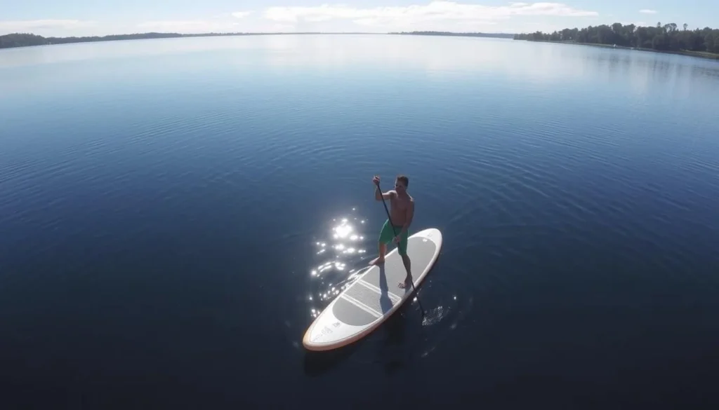 Person stand-up paddleboarding on the calm waters of Merimbula Lake